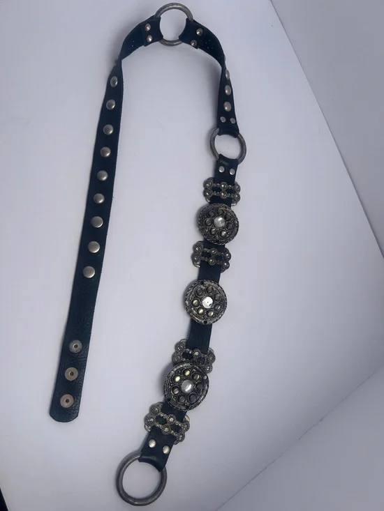 Black Studded Leather Belt with Ornate Silver Medallions - Picture 3 of 4